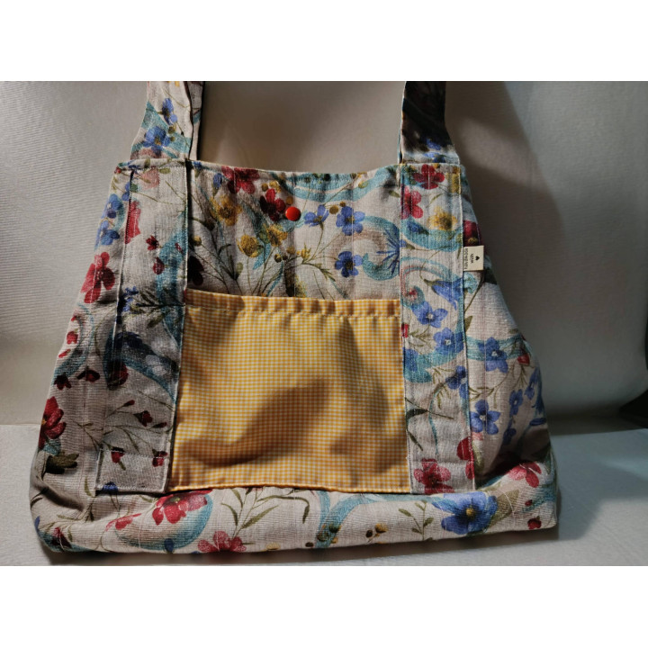 Tote Bag de Flores | Interior Vichy Amarillo con Bolsillo Interior y Exterior