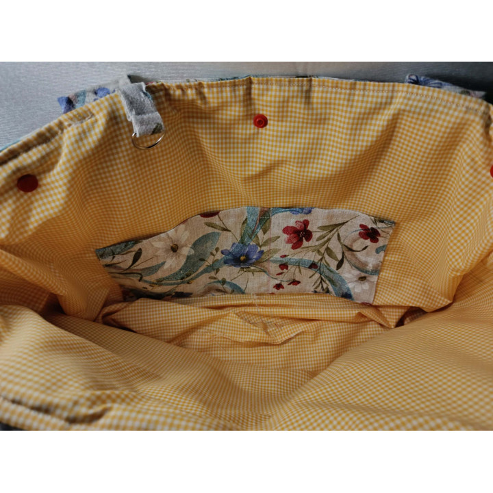Tote Bag de Flores | Interior Vichy Amarillo con Bolsillo Interior y Exterior
