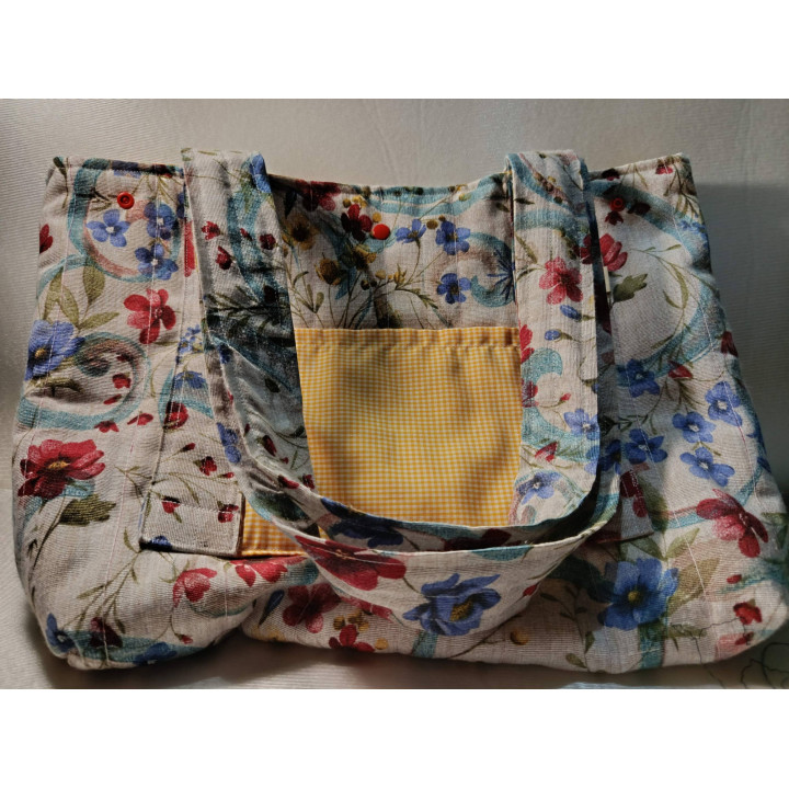 Tote Bag de Flores | Interior Vichy Amarillo con Bolsillo Interior y Exterior