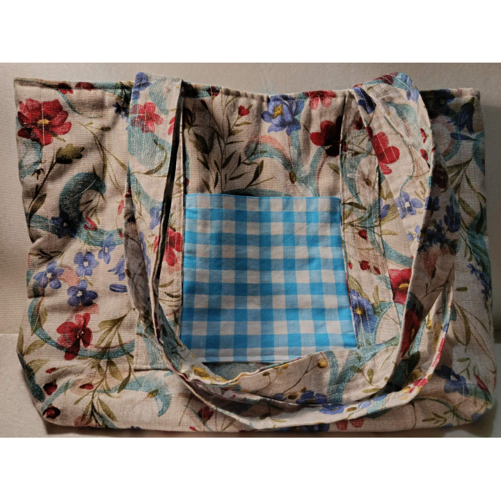 Tote Bag Lona Floral con Interior Vichy Azul | Hilos de Vida