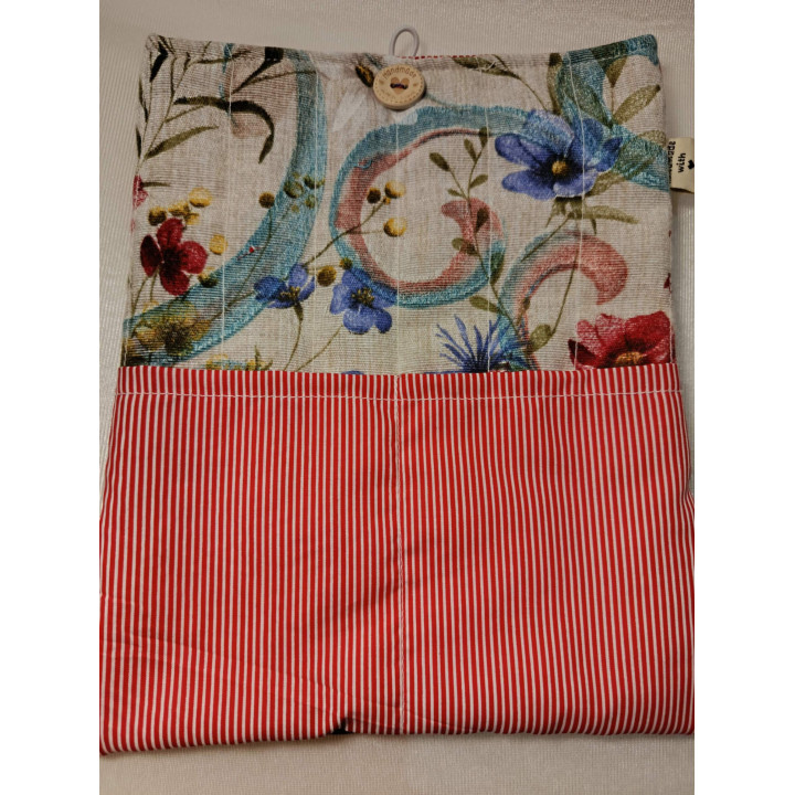 Funda de Libro Mediana Loneta Floral con Interior Rayas Rojas y Bolsillo | Hilos de Vida
