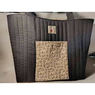 Tote Bag Grande Loneta Negra con Interior Crudo Floral y Bolsillos | Hilos de Vida